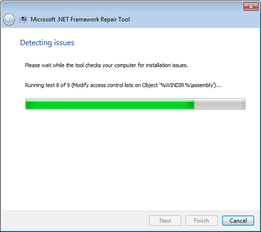 Процесс диагностики проблемы программой Microsoft .NET Framework Repair Tool