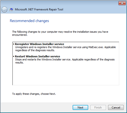 Шаг мастера Microsoft .NET Framework Repair Tool со списком рекомендуемых изменений