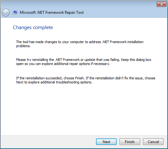 Шаг мастера Microsoft .NET Framework Repair Tool после внесения рекомендуемых изменений