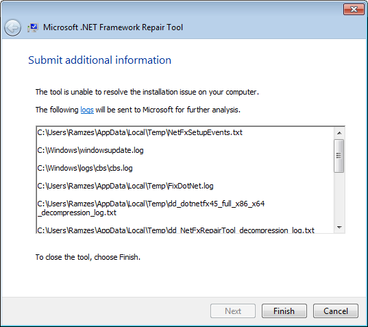 Шаг мастера Microsoft .NET Framework Repair Tool со списком логов, отправляемых в Microsoft